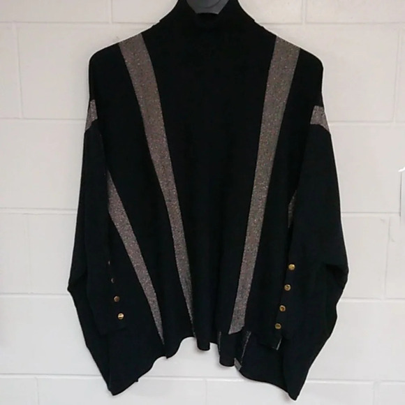 ALFANI BLACK WITH GOLD STRIPES, LONG RIBBED BUTTON DETAIL SLEEVE PONCHO - Picture 6 of 6